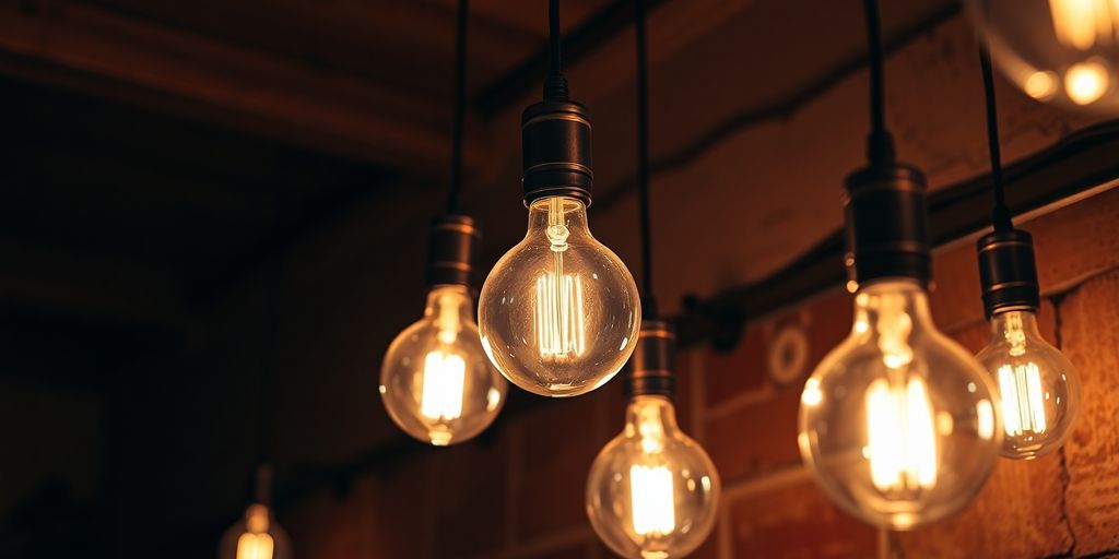 Vintage globe bulbs hanging elegantly, casting warm light.