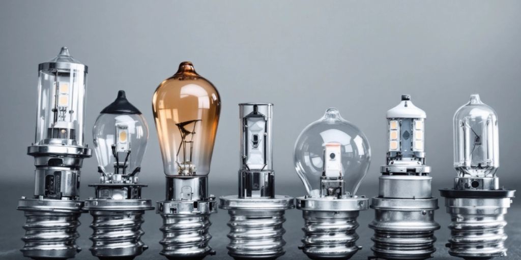 Various automotive light bulbs on a neutral background.