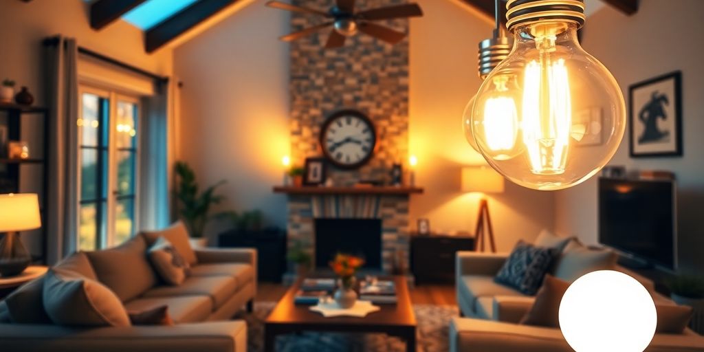 Bright light bulbs illuminating a cozy living room interior.
