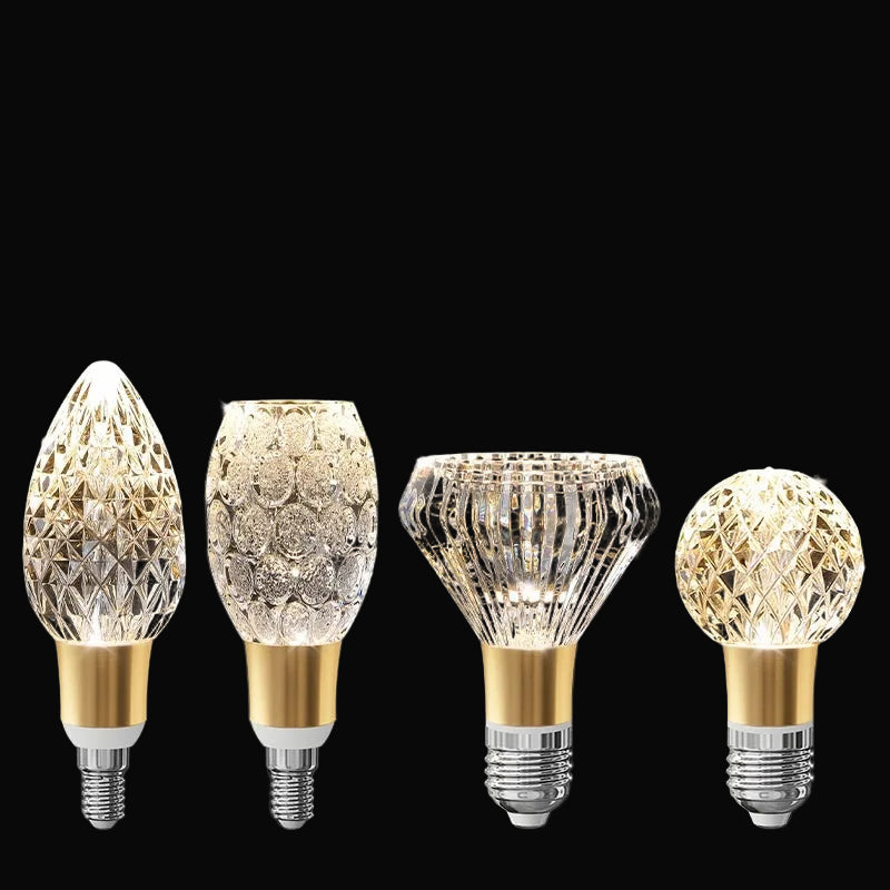 Four LED crystal bulbs with decorative designs on a black background, featuring text about product details.