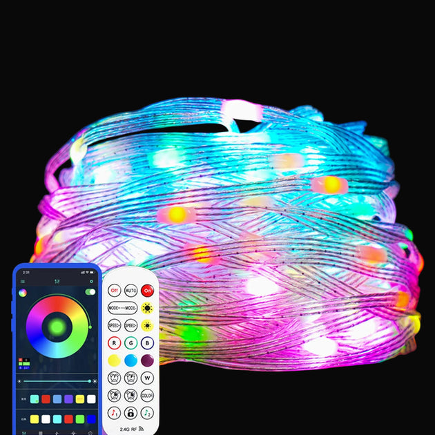 Colorful LED strip light with remote control and smartphone app on a dark background, featuring T-SUN brand.