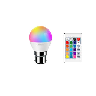 LED smart bulb with multicolor capability and a remote control, base type B22, displayed against a white background.